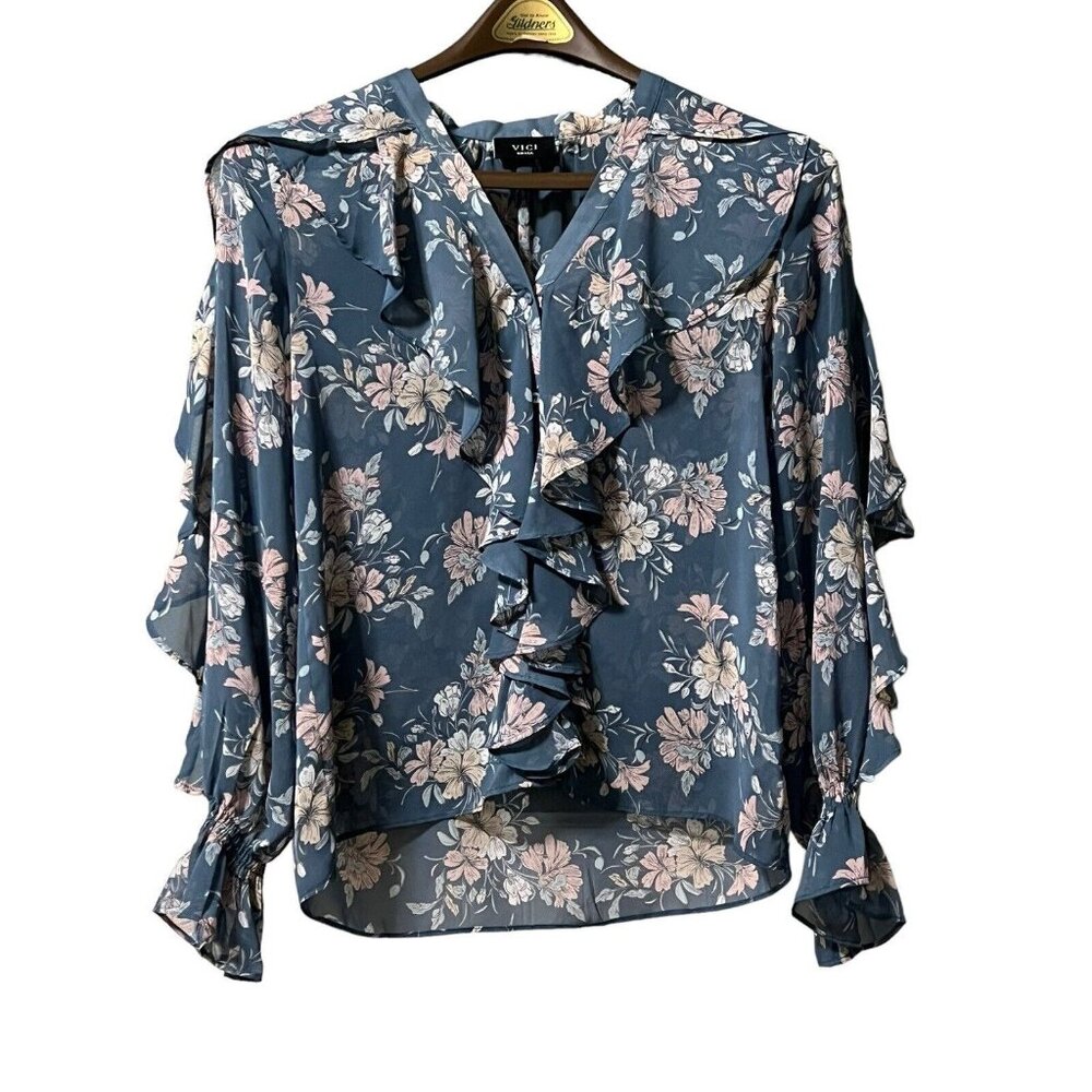 VICI Womens Size Small Blue Long Ruffle Sleeve Boho Floral Blouse Peasant City